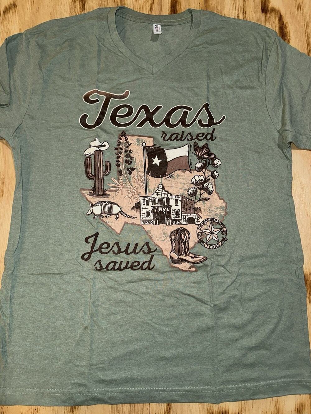 Love In Faith Women's S/S Texas Raised Jesus Saved Tee Heather Sage Size Large